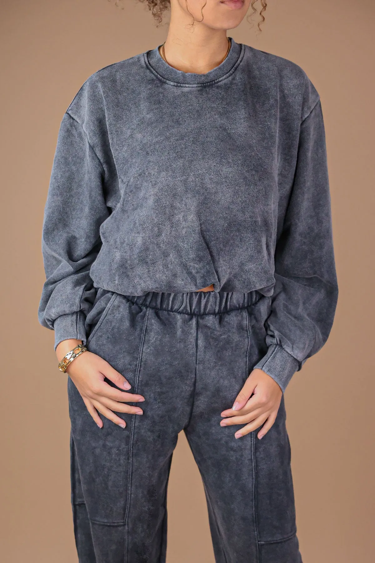 Charcoal Acid Wash Bubble Hem Sweatshirt & Joggers Tracksuit