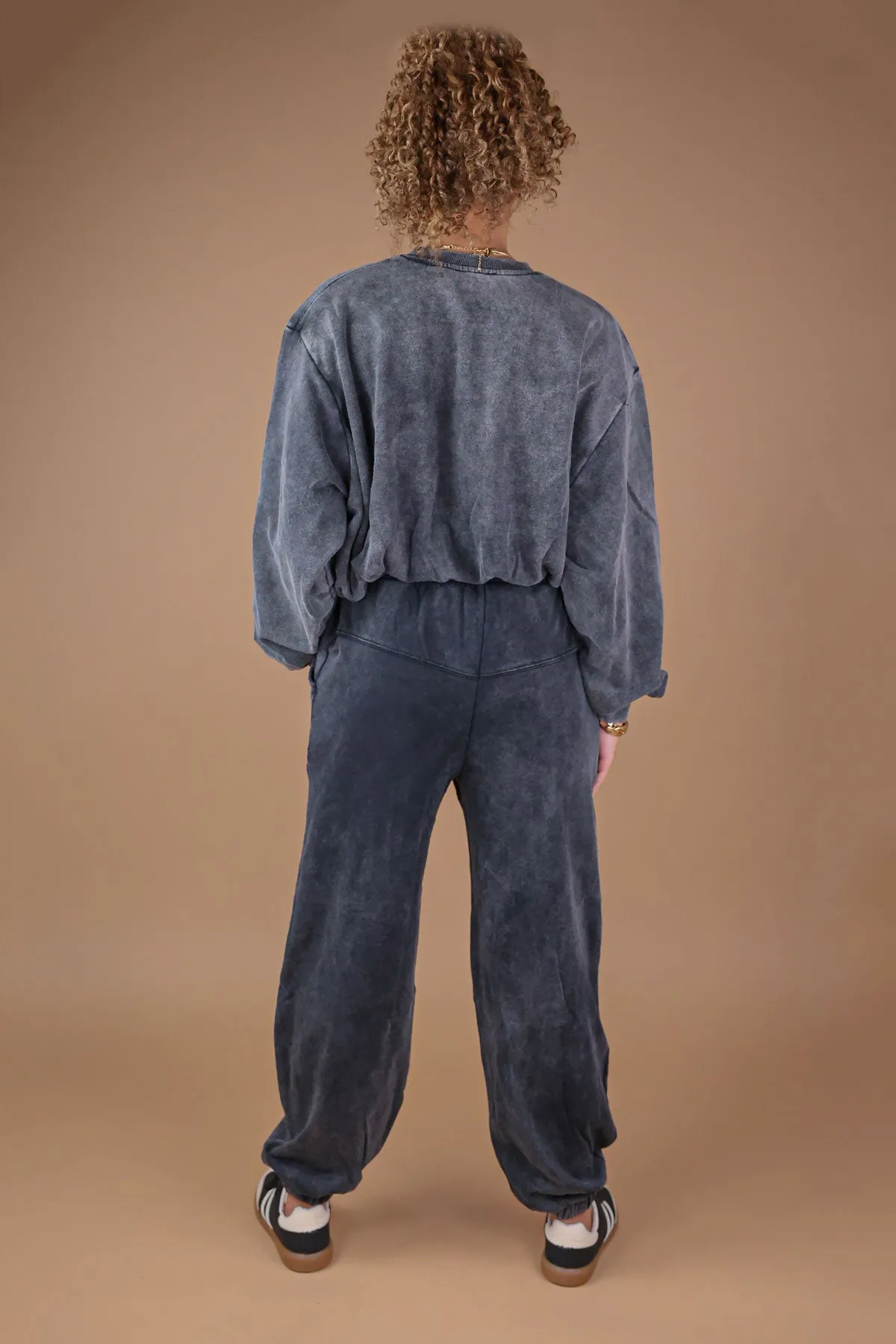 Charcoal Acid Wash Bubble Hem Sweatshirt & Joggers Tracksuit