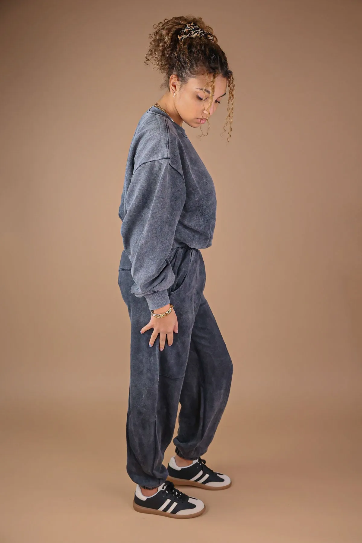 Charcoal Acid Wash Bubble Hem Sweatshirt & Joggers Tracksuit