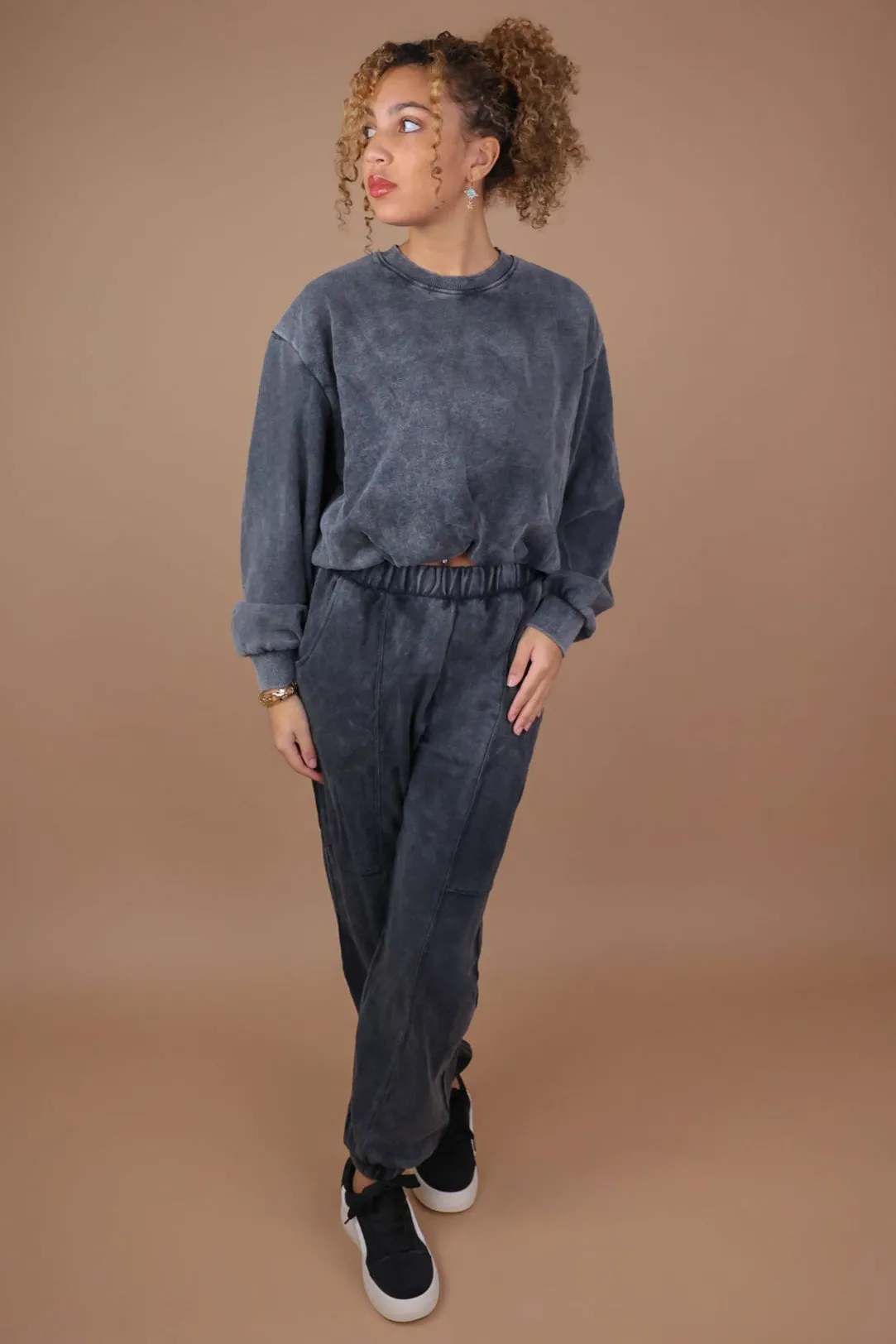 Charcoal Acid Wash Bubble Hem Sweatshirt & Joggers Tracksuit