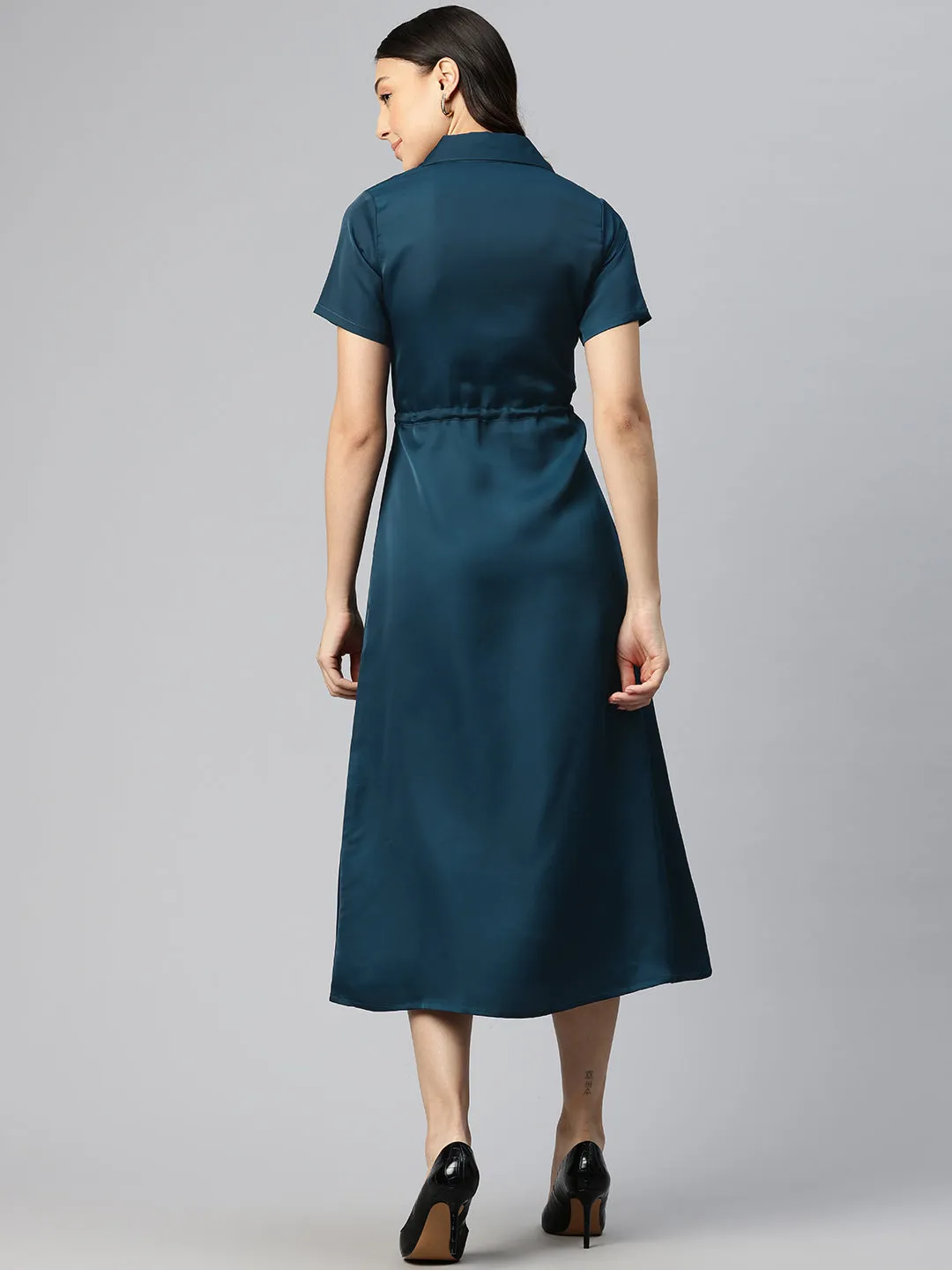 Cottinfab Satin Shirt Midi Dress with Tie-Up Detail