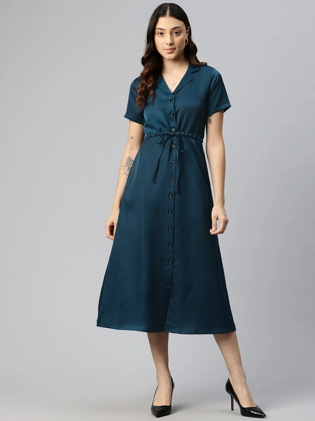 Cottinfab Satin Shirt Midi Dress with Tie-Up Detail