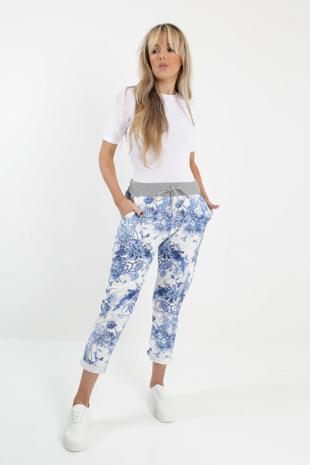 Italian Floral Printed Cotton Trousers