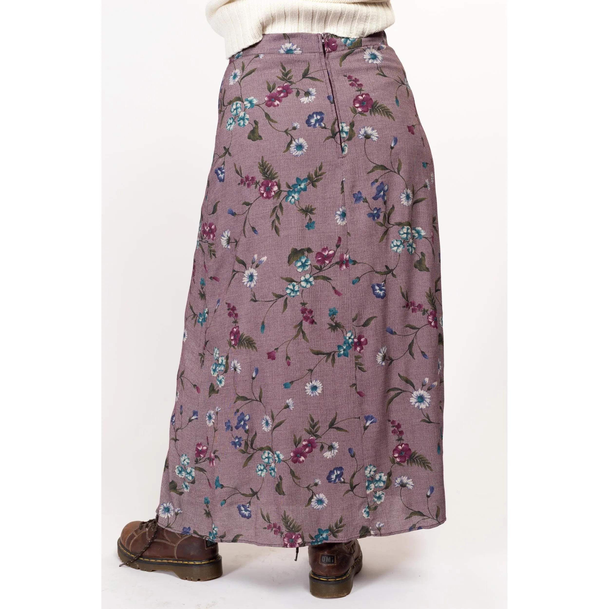 Large 90s Purple Painted Floral Maxi Skirt 33"