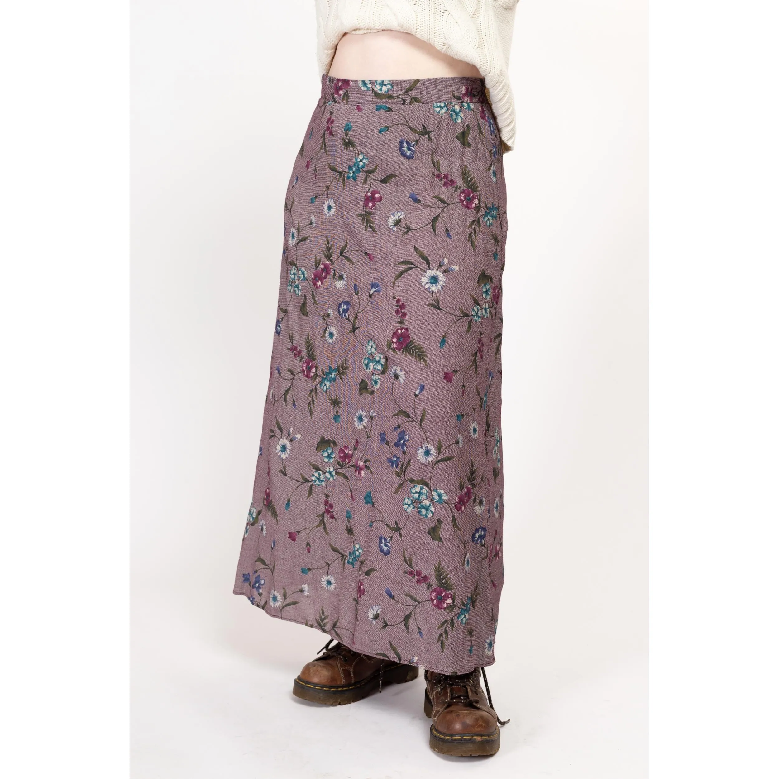 Large 90s Purple Painted Floral Maxi Skirt 33"