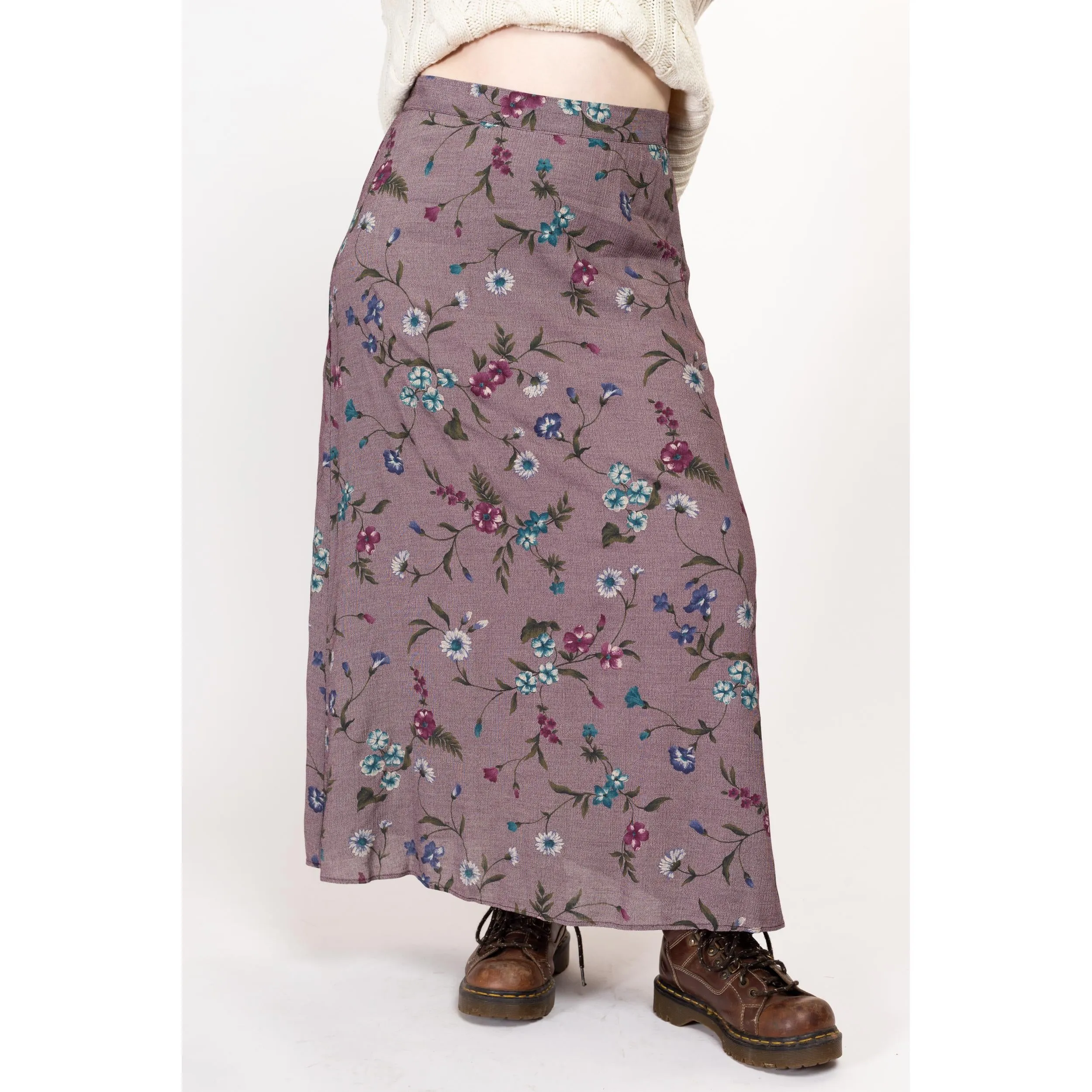 Large 90s Purple Painted Floral Maxi Skirt 33"