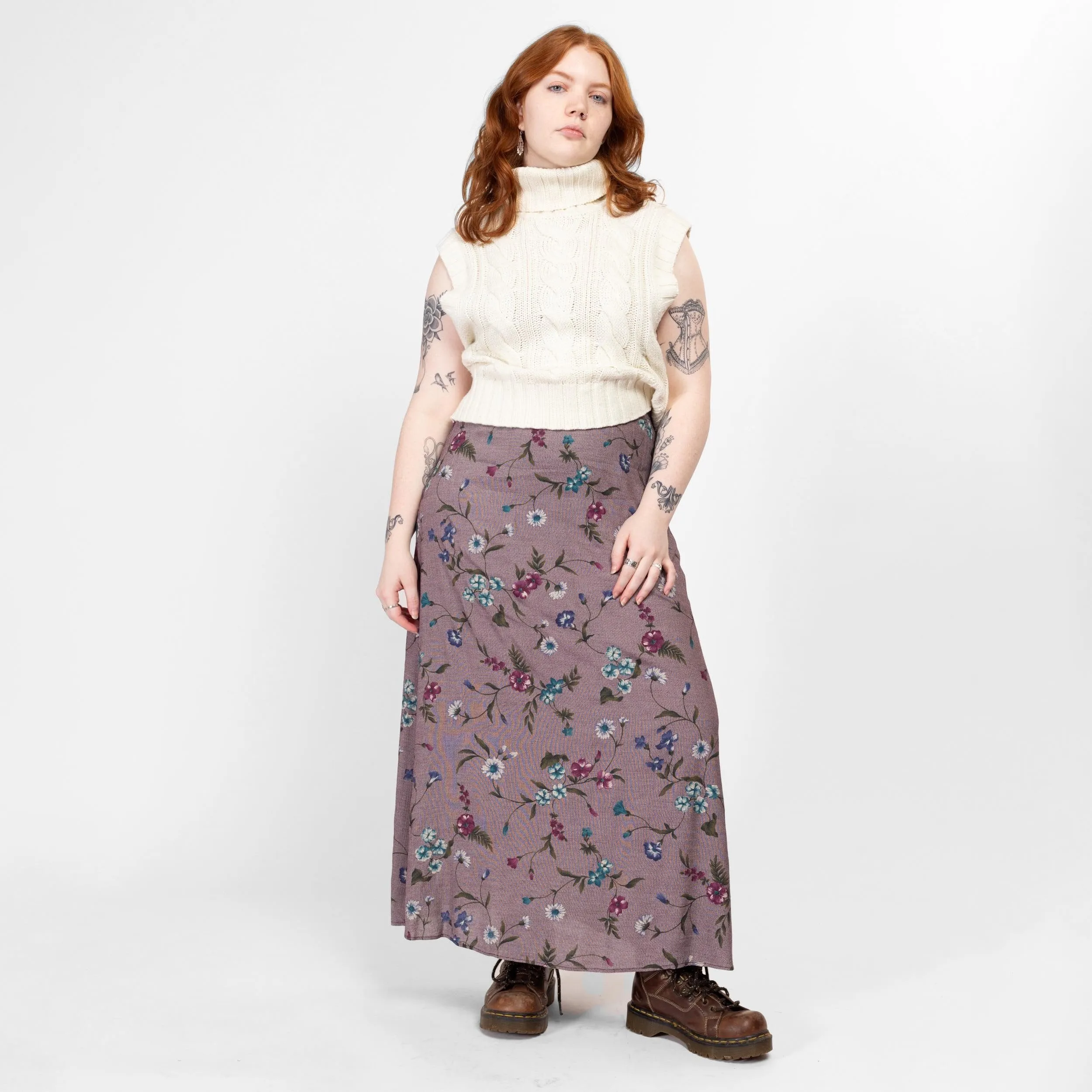 Large 90s Purple Painted Floral Maxi Skirt 33"