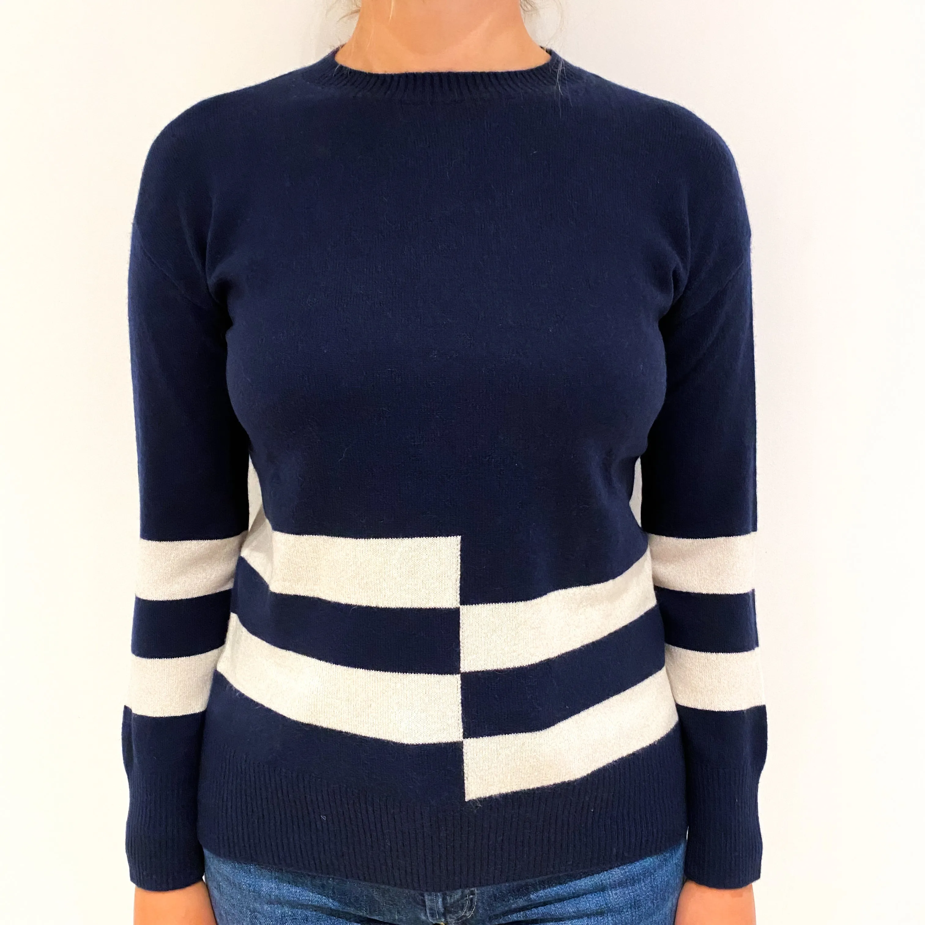 Navy Blue Cream Striped Cashmere Crew Neck Jumper Small