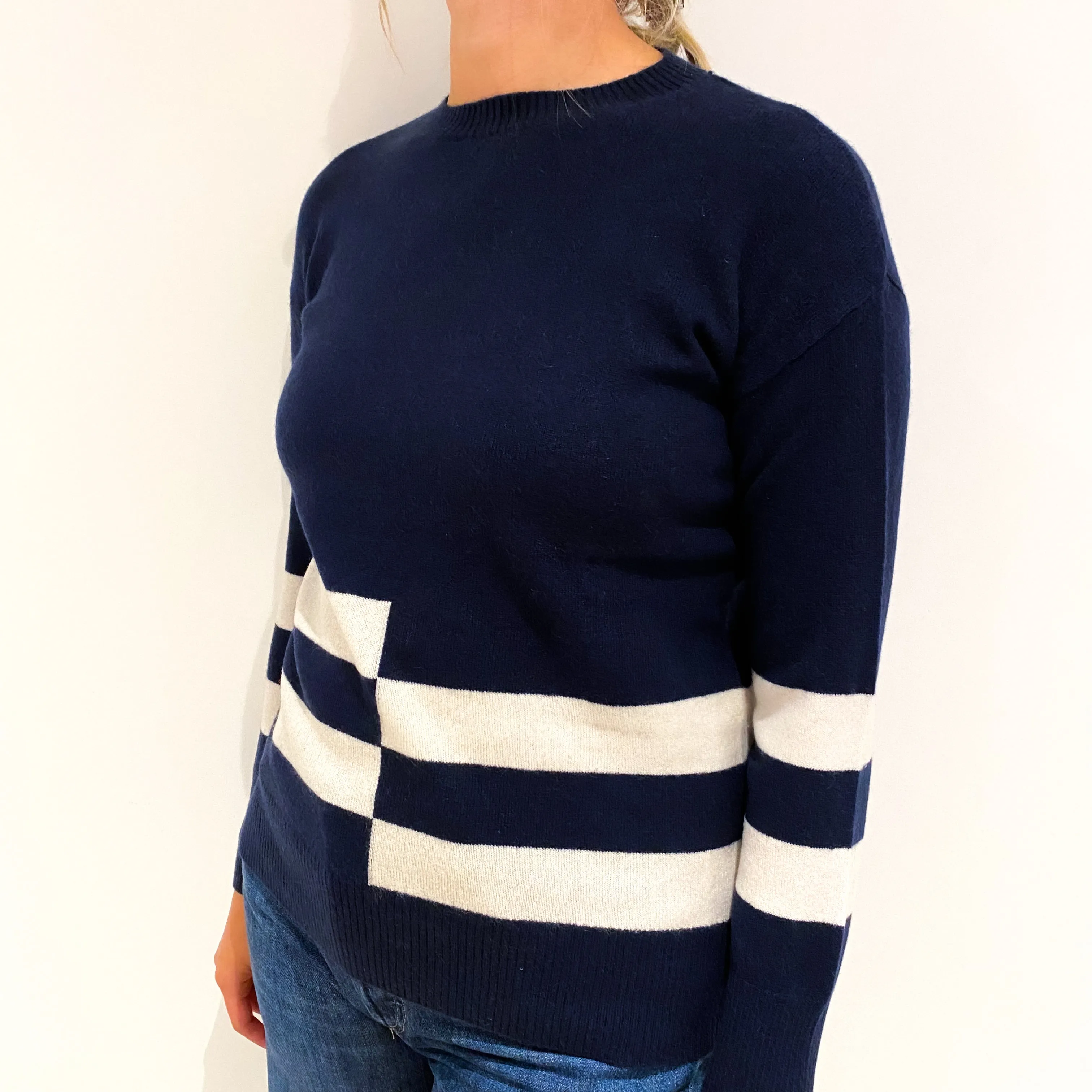 Navy Blue Cream Striped Cashmere Crew Neck Jumper Small