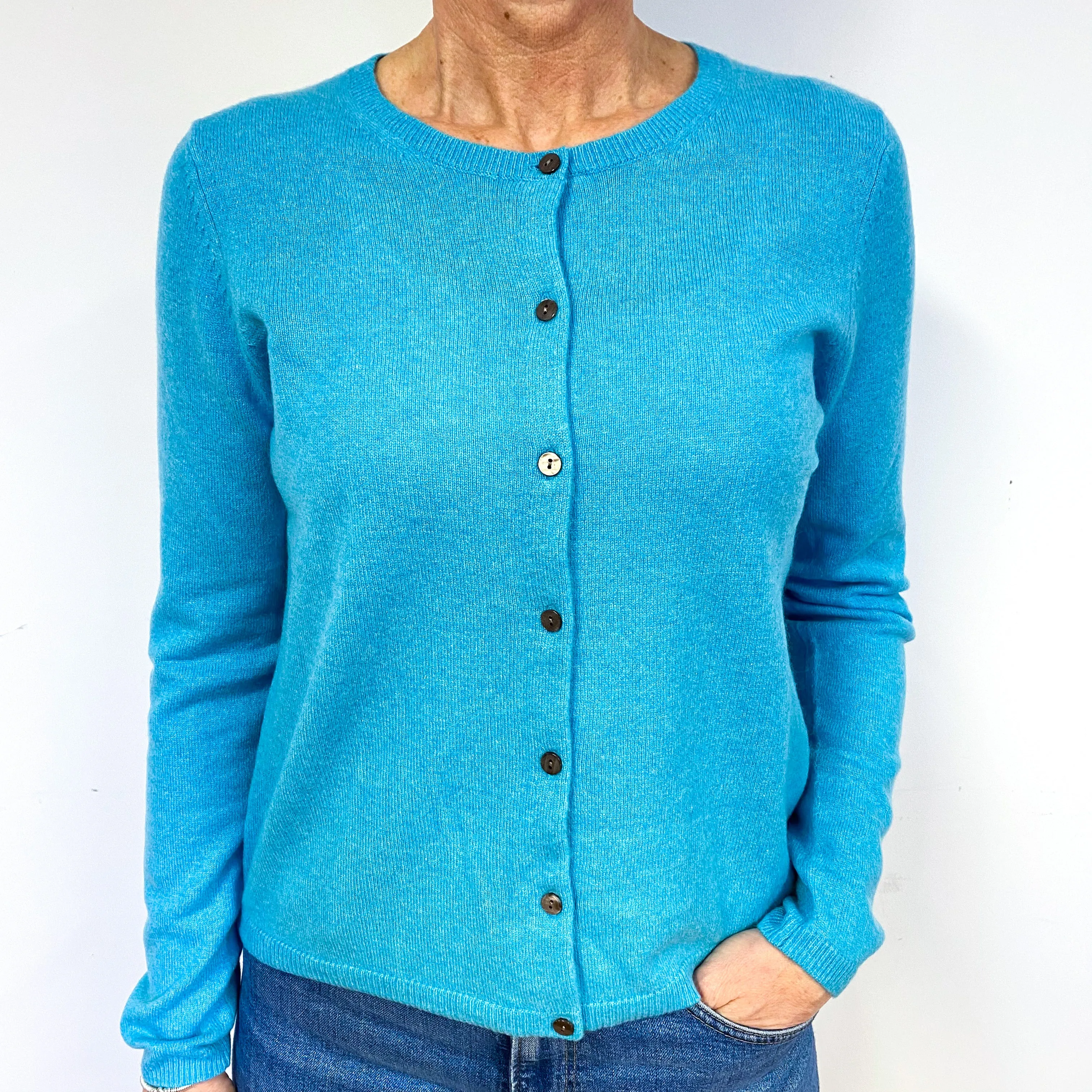 New Aqua Blue Cashmere Crew Neck Cardigan Medium