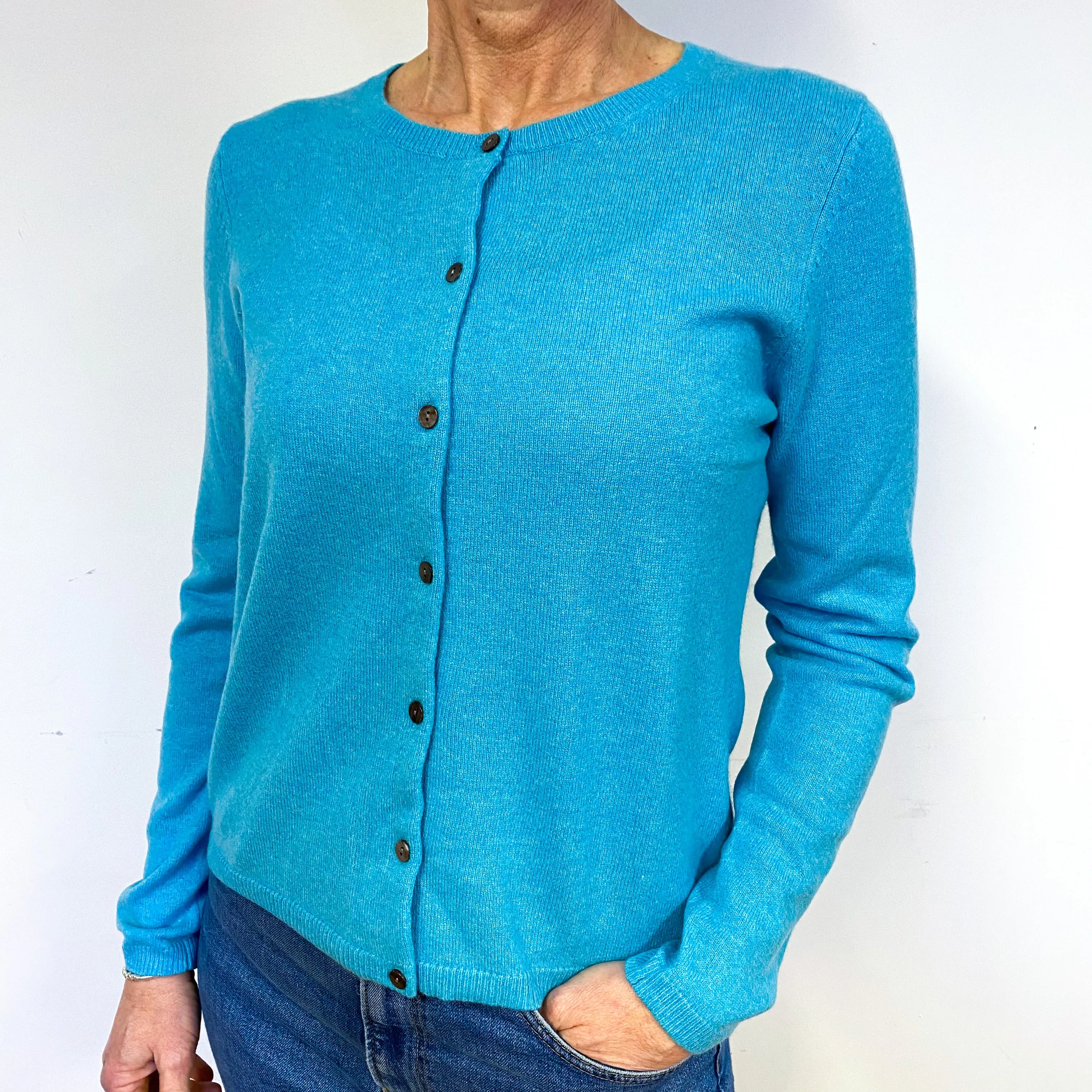 New Aqua Blue Cashmere Crew Neck Cardigan Medium