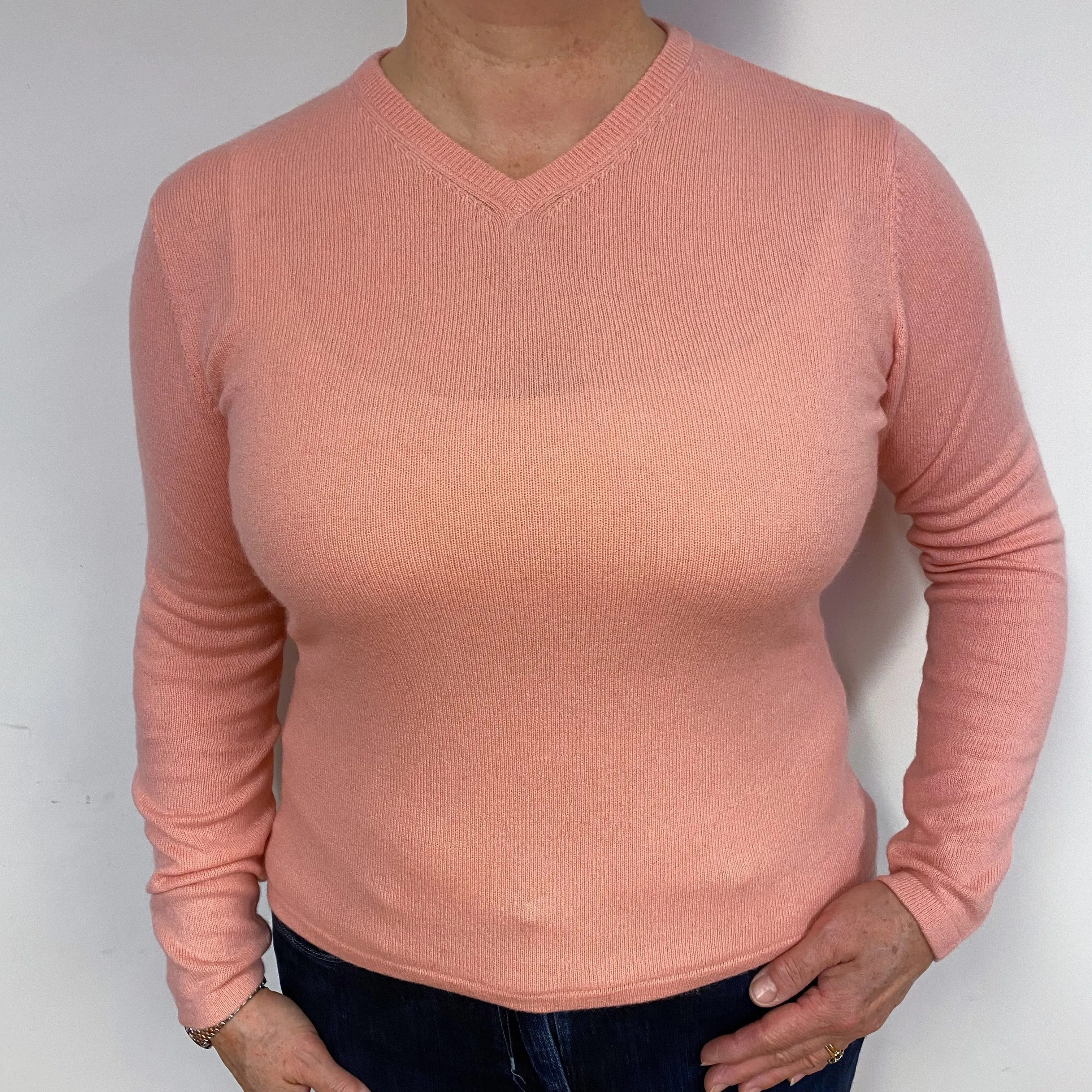 Peach Pink Cashmere V-Neck Jumper Large