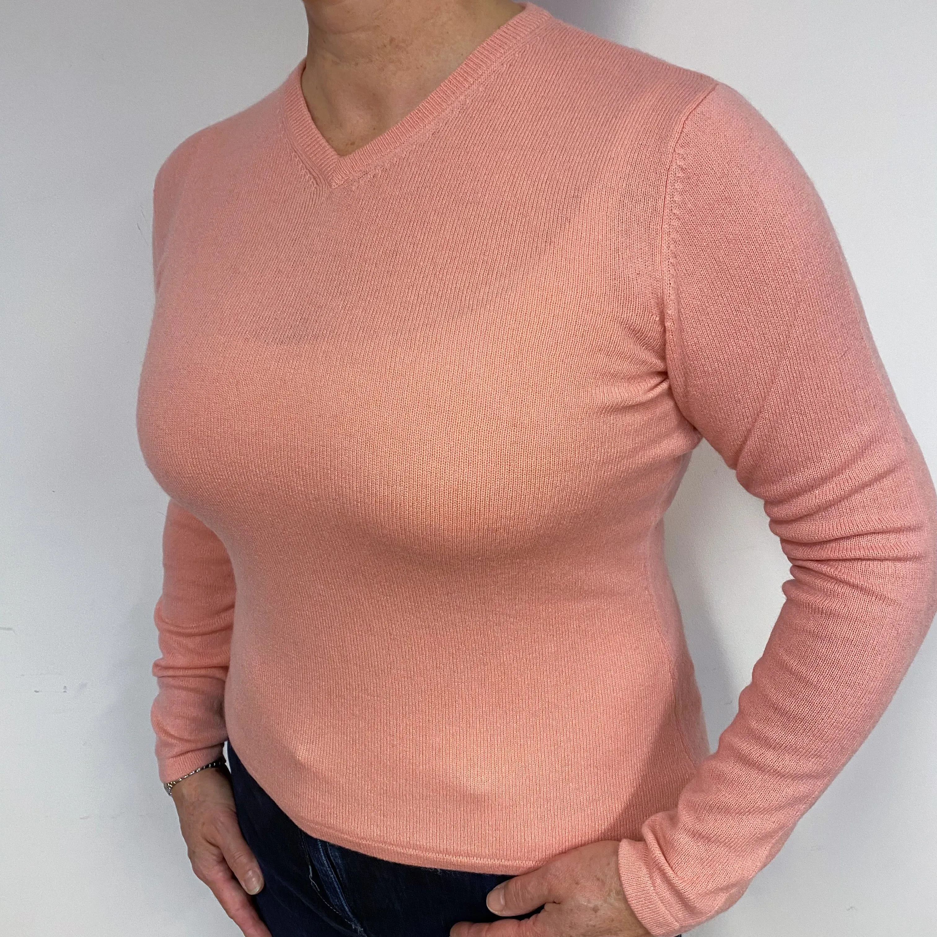 Peach Pink Cashmere V-Neck Jumper Large