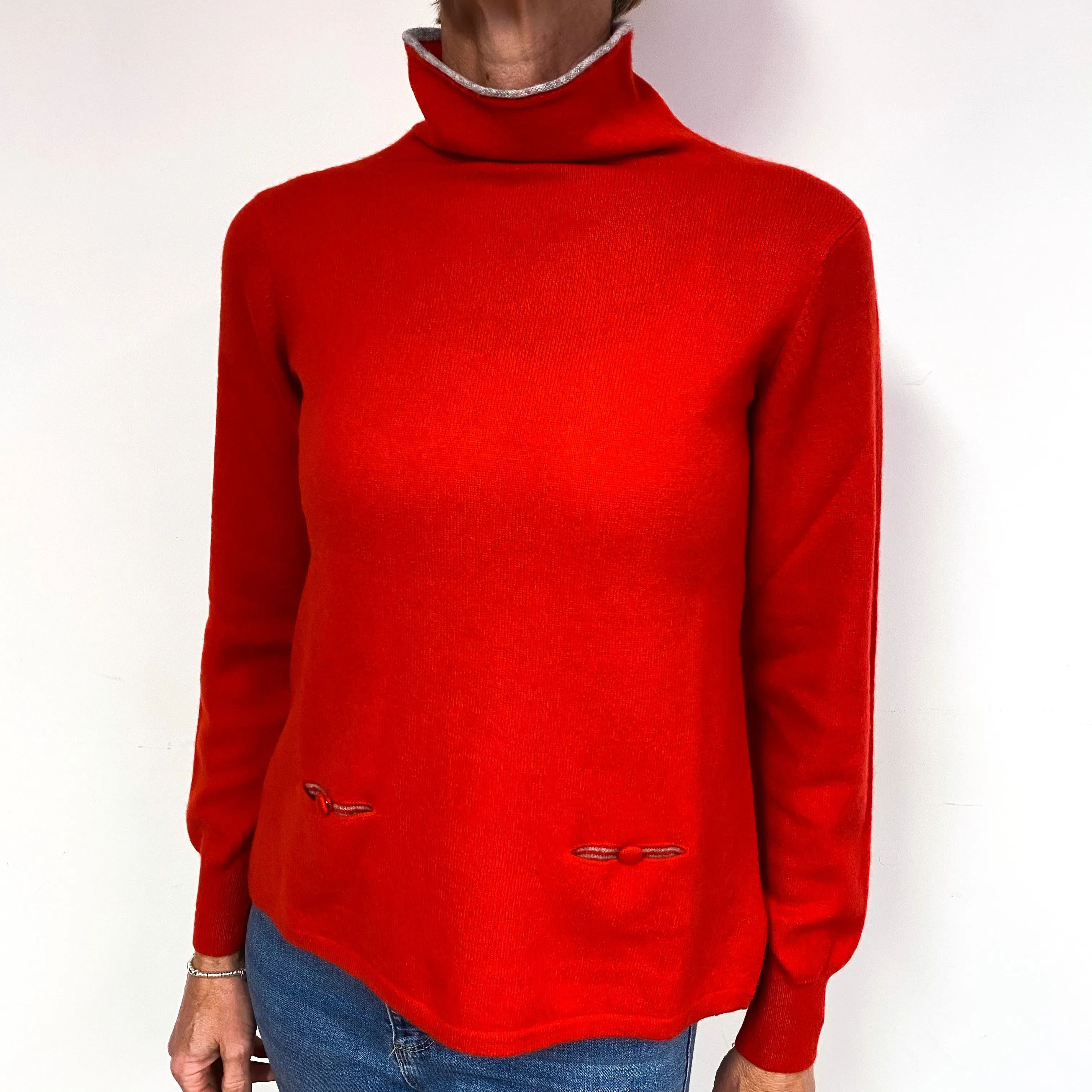 Scarlet Red Cashmere Turtle Neck Jumper with Pockets Medium