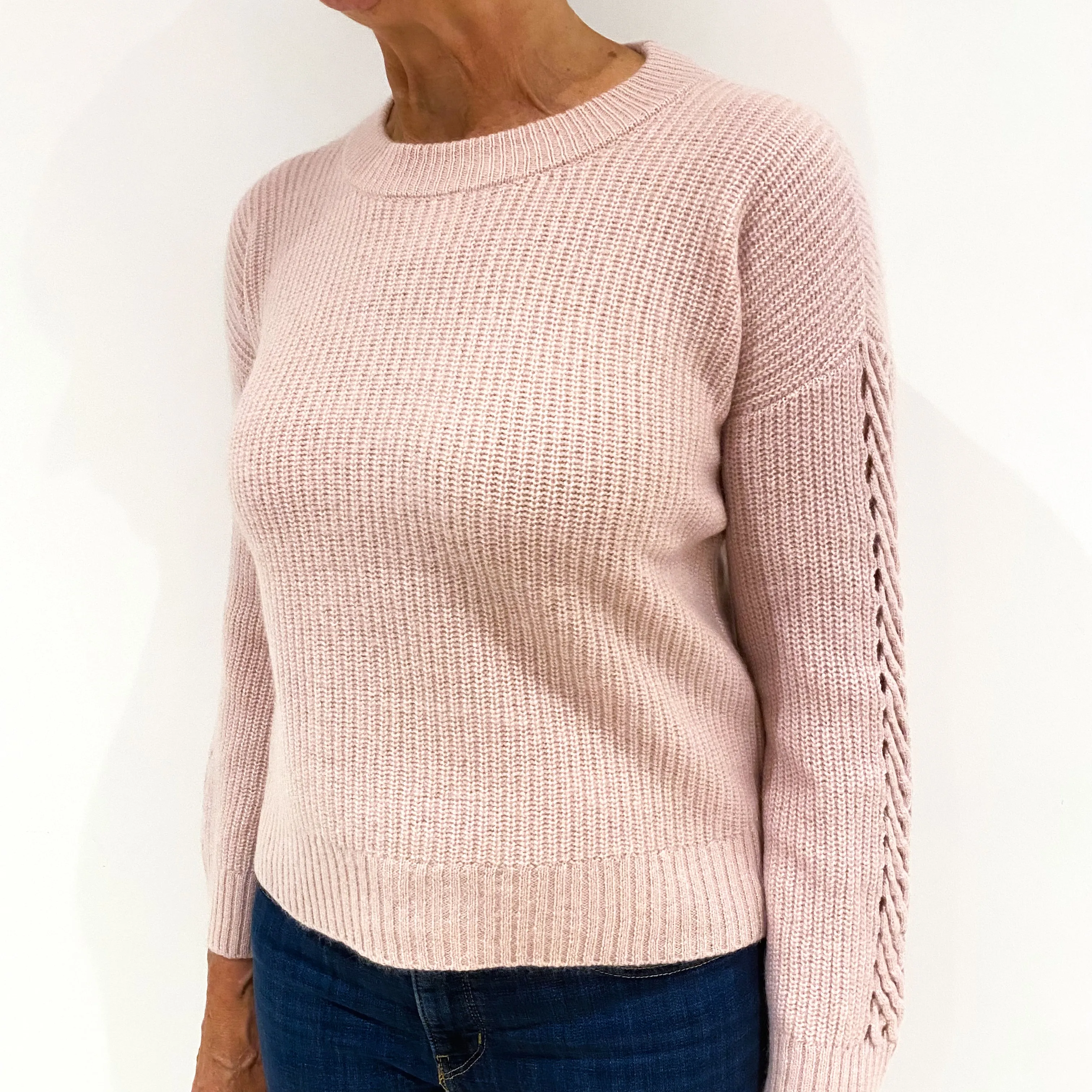 Shell Pink Chunky Rib Cashmere Crew Neck Jumper Medium