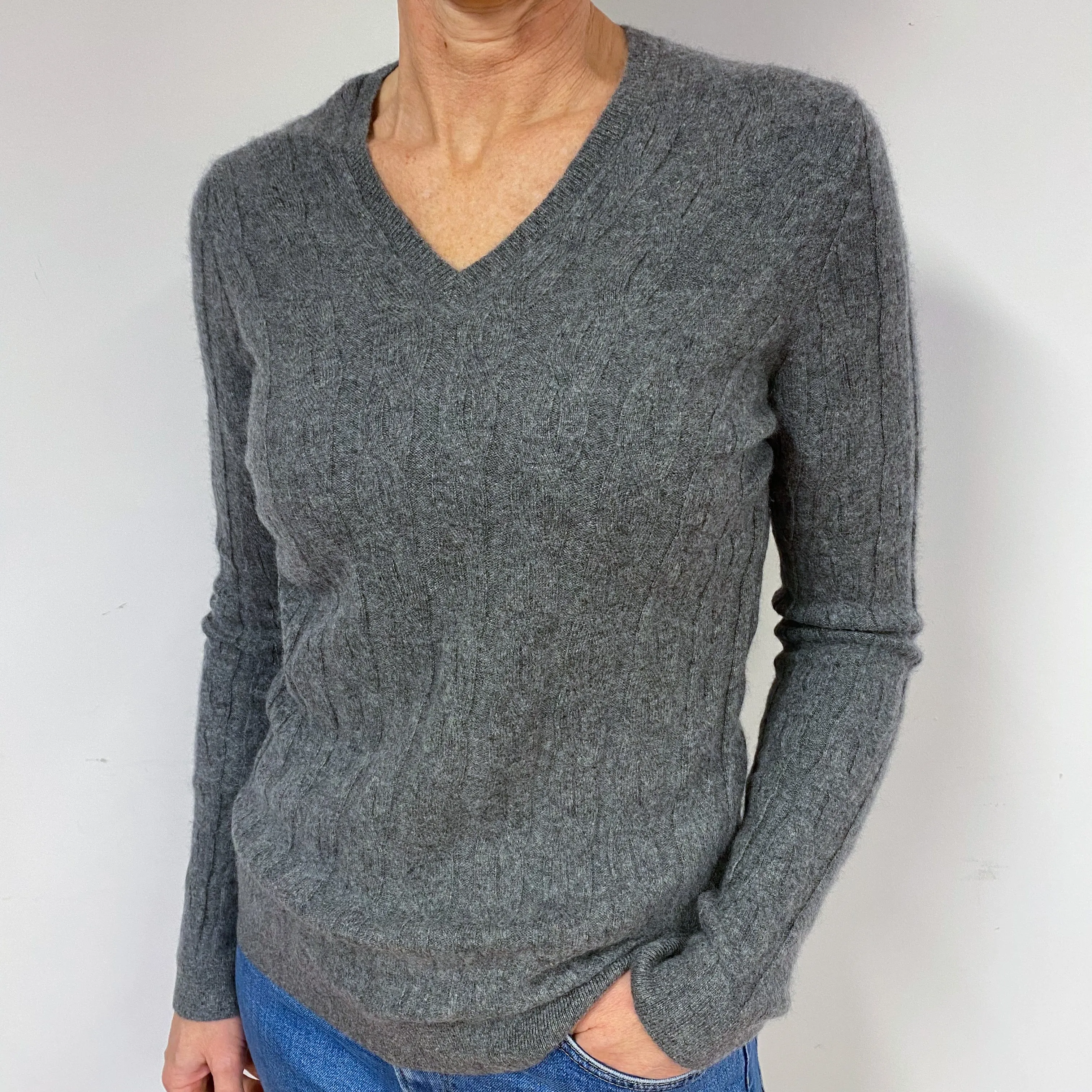 Slate Grey Cable Cashmere V-Neck Jumper Medium