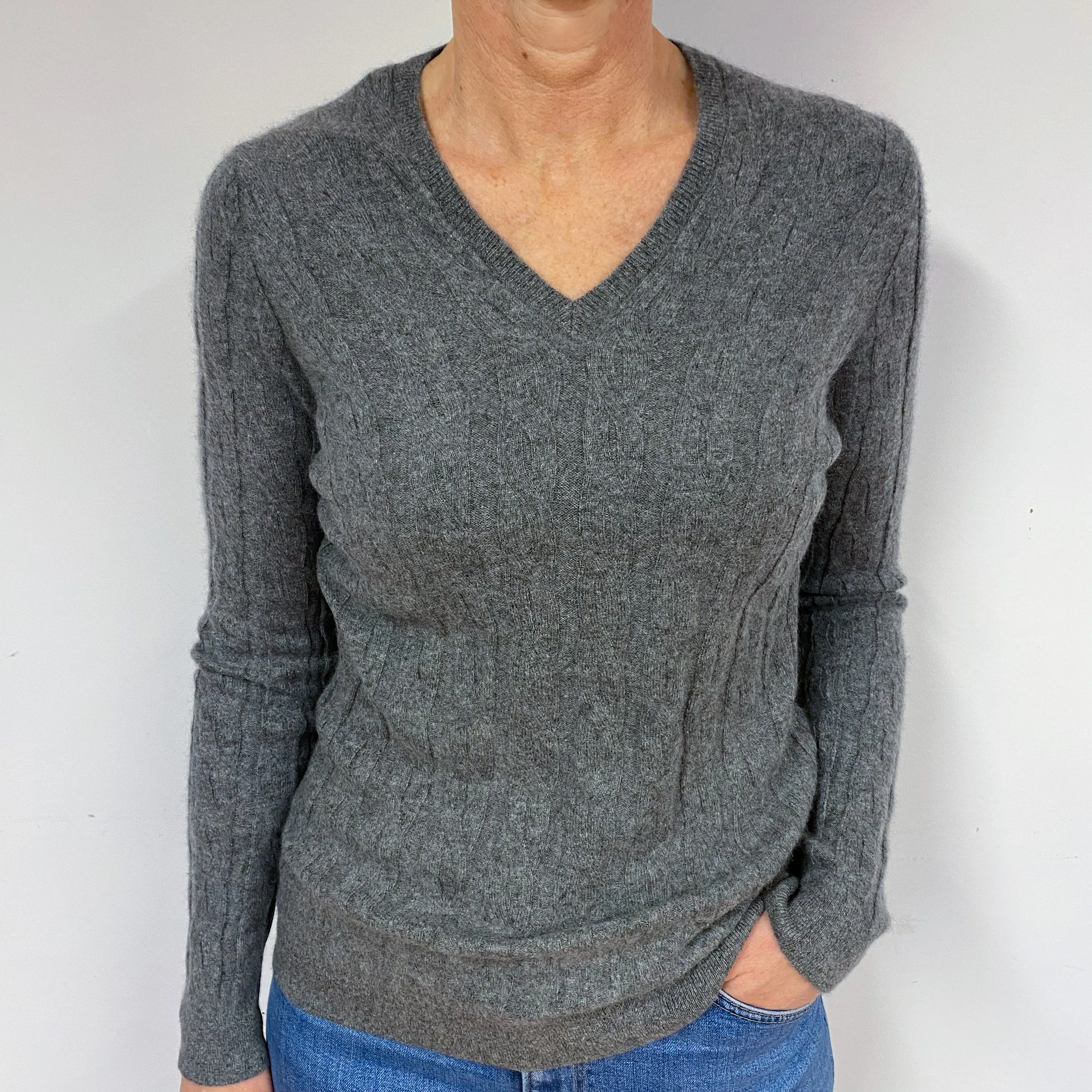 Slate Grey Cable Cashmere V-Neck Jumper Medium