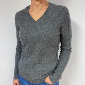 Slate Grey Cable Cashmere V-Neck Jumper Medium