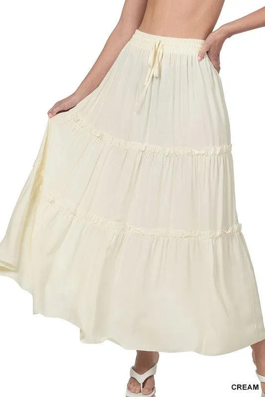 The Anna Drawstring Waist Tiered Maxi Skirt- Cream