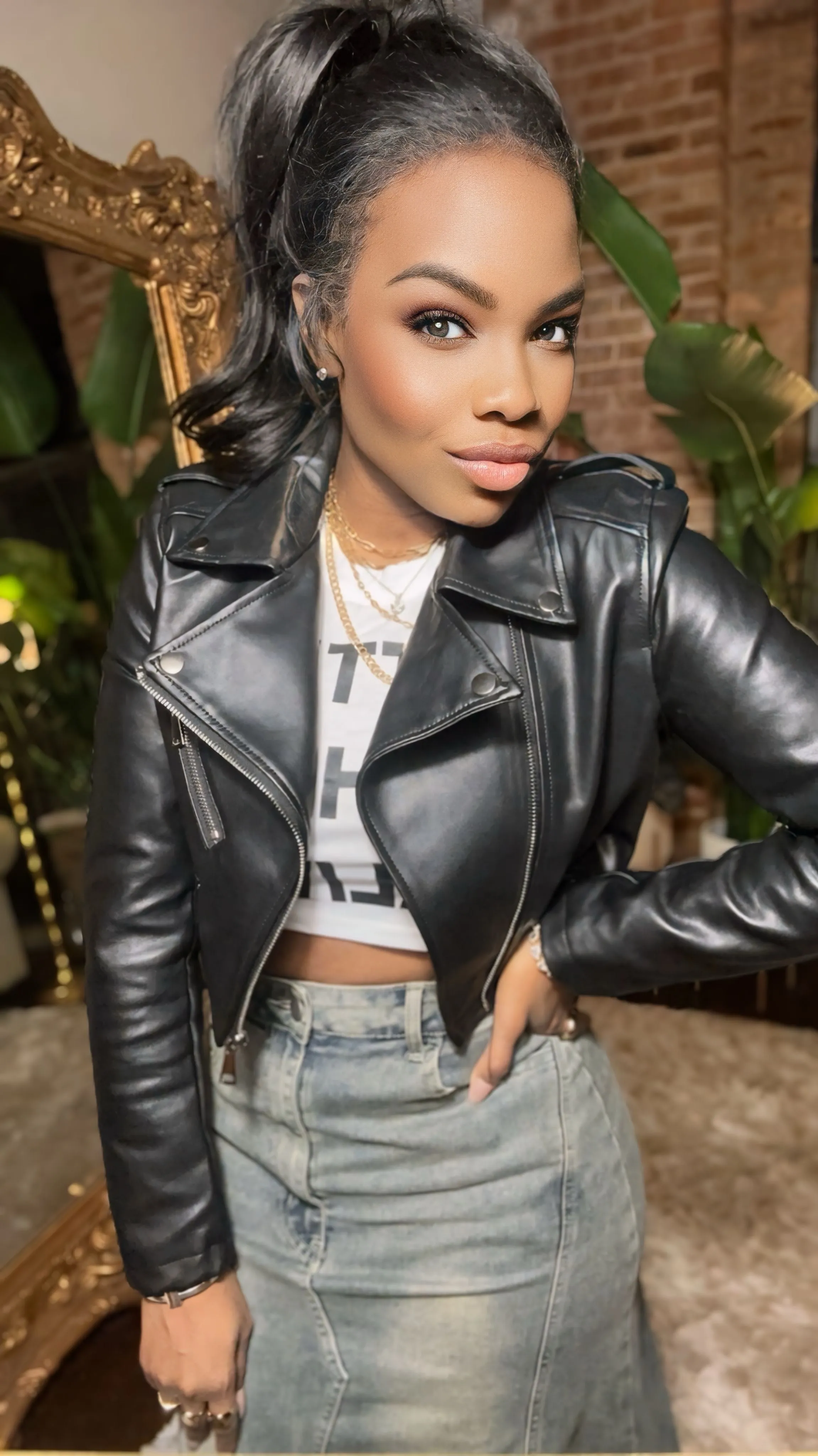 Vegan Leather Cropped Moto Biker Jacket - Black (PREORDER - ESTIMATED SHIP DATE 02/15 - 03/15)